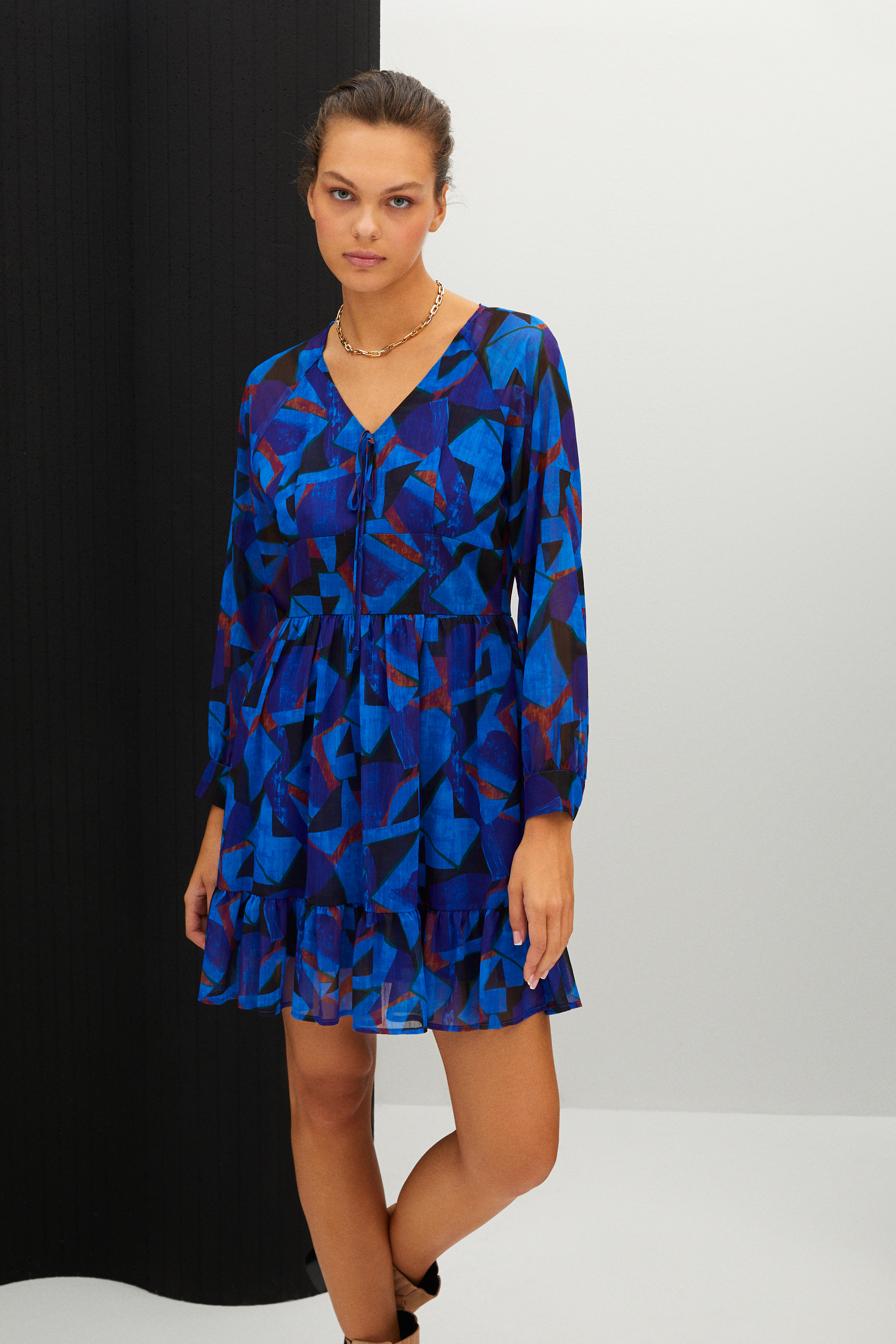 BASKILI A FORM MİNİ KLOŞ ELBİSE