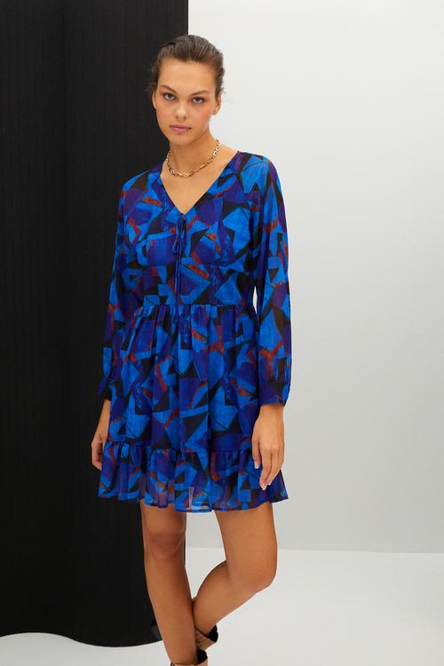  BASKILI A FORM MİNİ KLOŞ ELBİSE