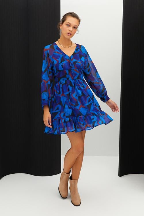  BASKILI A FORM MİNİ KLOŞ ELBİSE