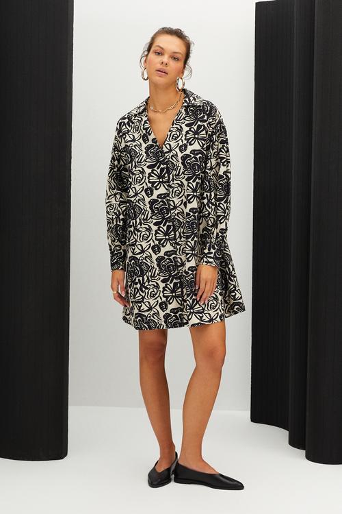  ÇİÇEK DESENLİ UZUN KOLLU MİNİ ELBİSE