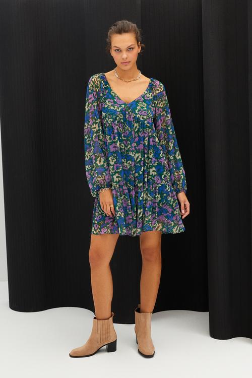  ÇİÇEK DESENLİ MİNİ KLOŞ ELBİSE