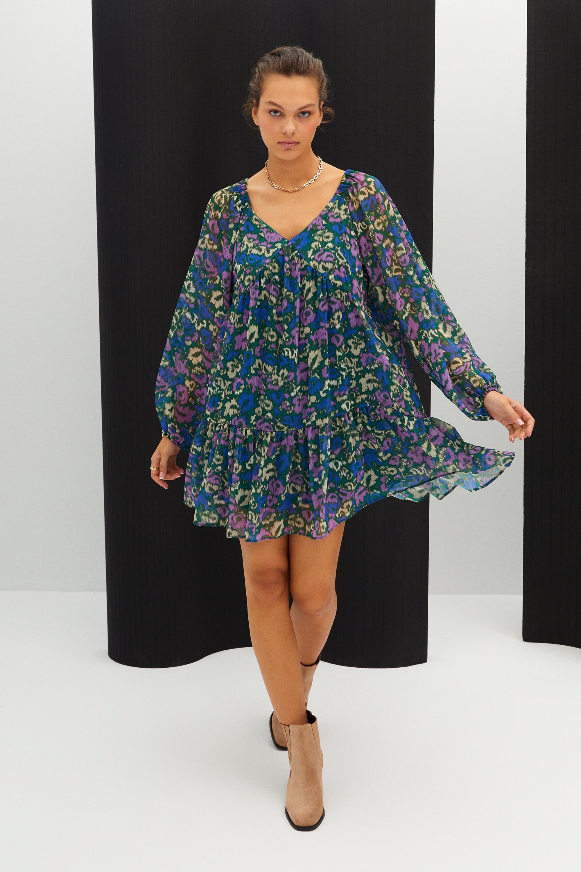 ÇİÇEK DESENLİ MİNİ KLOŞ ELBİSE