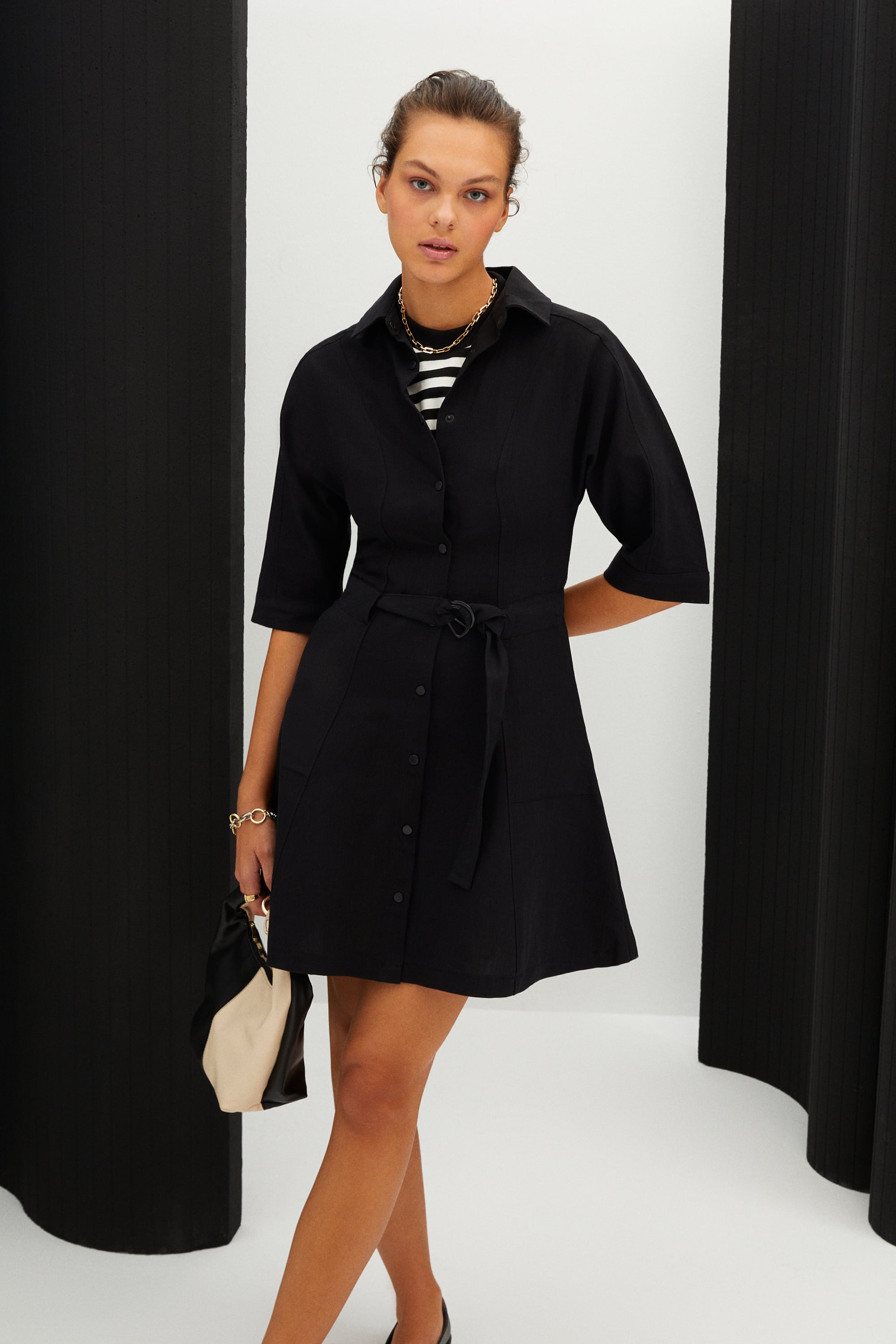 KETEN KARIŞIMLI MİNİ GÖMLEK ELBİSE