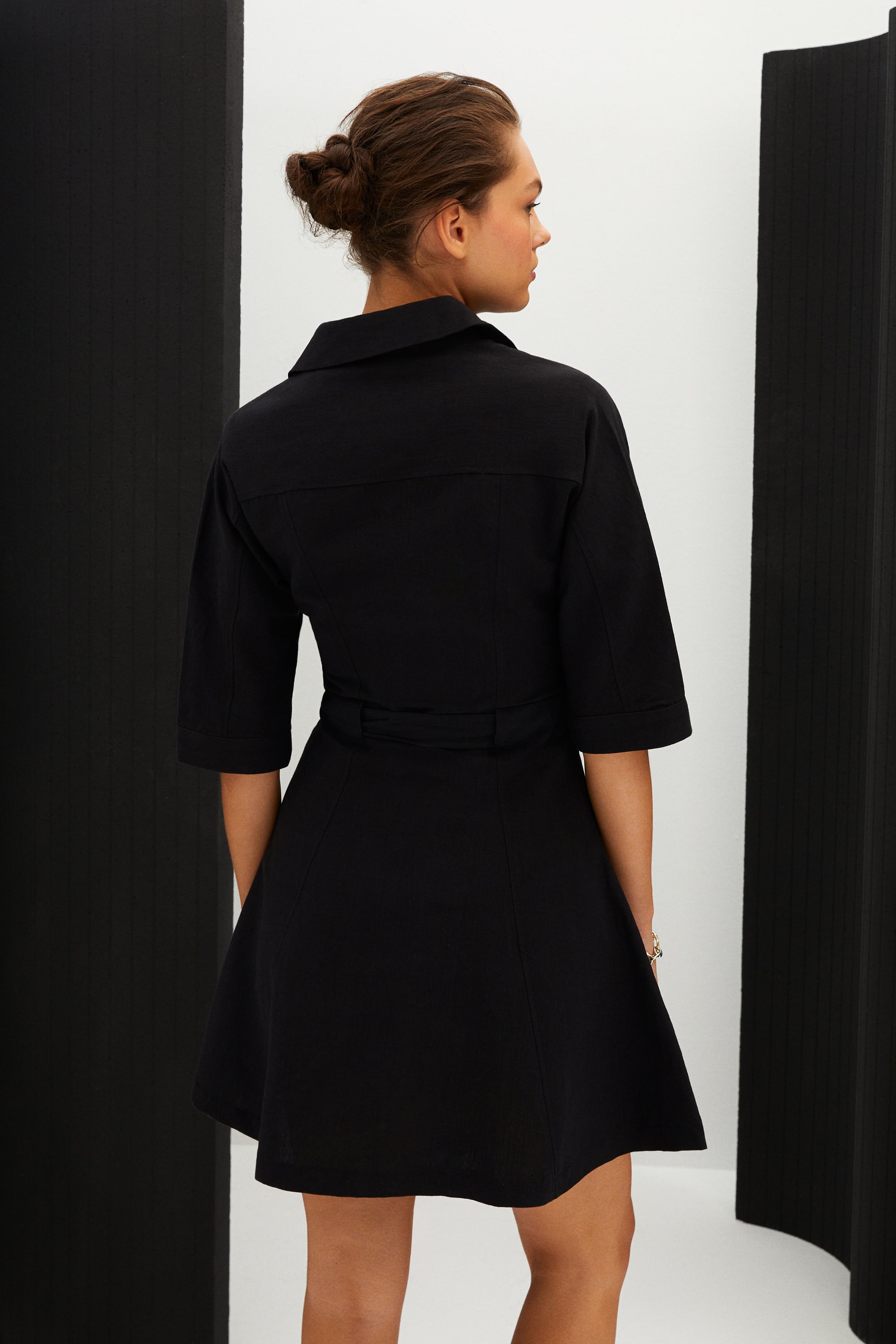 KETEN KARIŞIMLI MİNİ GÖMLEK ELBİSE