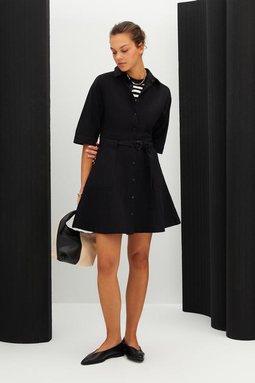  KETEN KARIŞIMLI MİNİ GÖMLEK ELBİSE