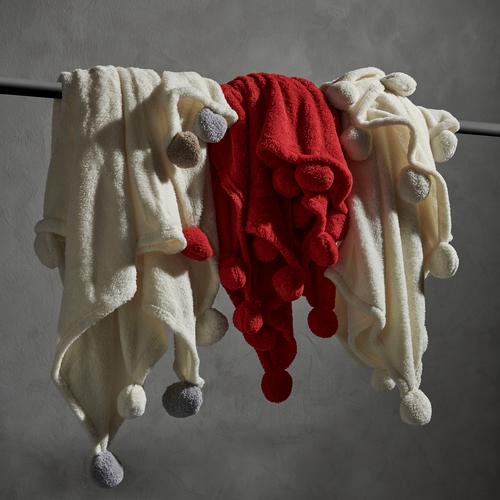 PONPONLU DİZ ÜSTÜ BATTANİYE KIRMIZI 130X160