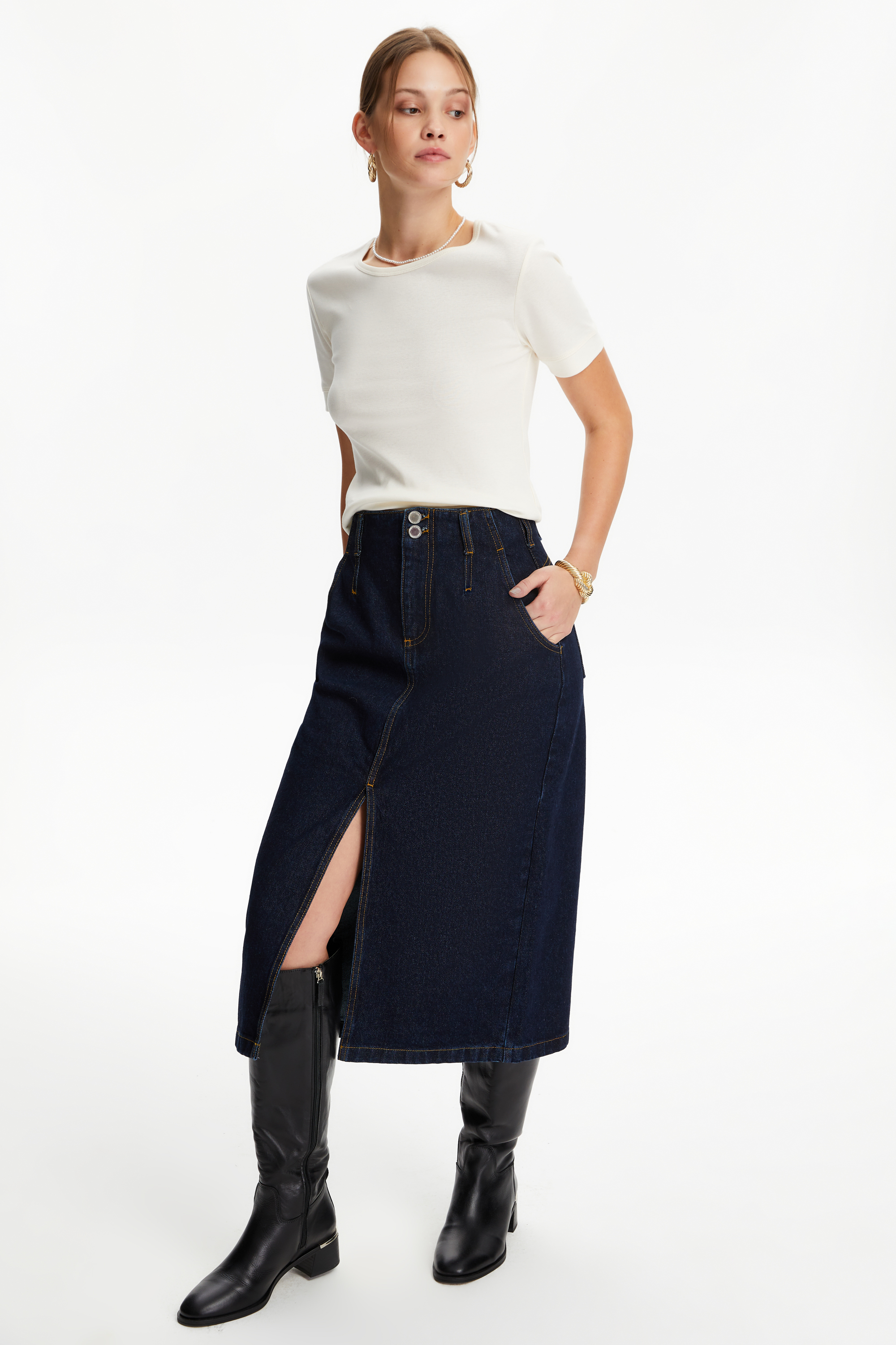 YIRTMAÇLI MİDİ JEAN ETEK