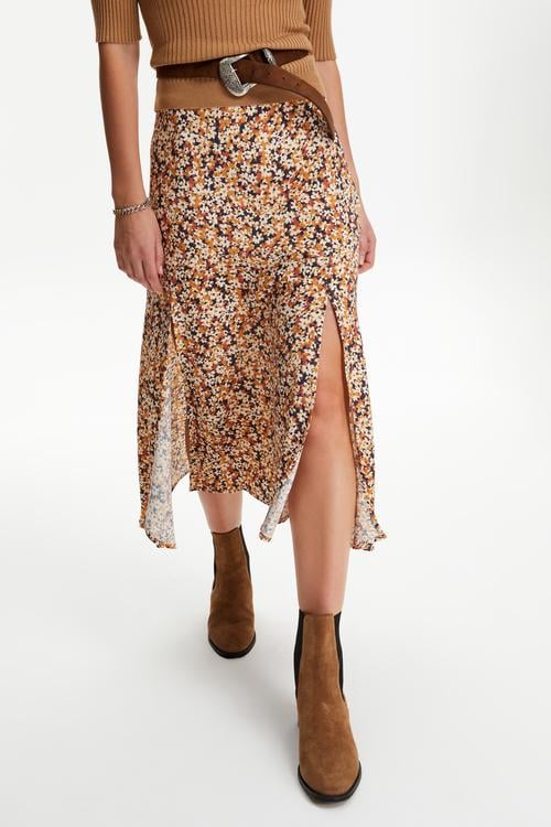  ÇİÇEK DESENLİ YIRTMAÇLI MİDİ ETEK