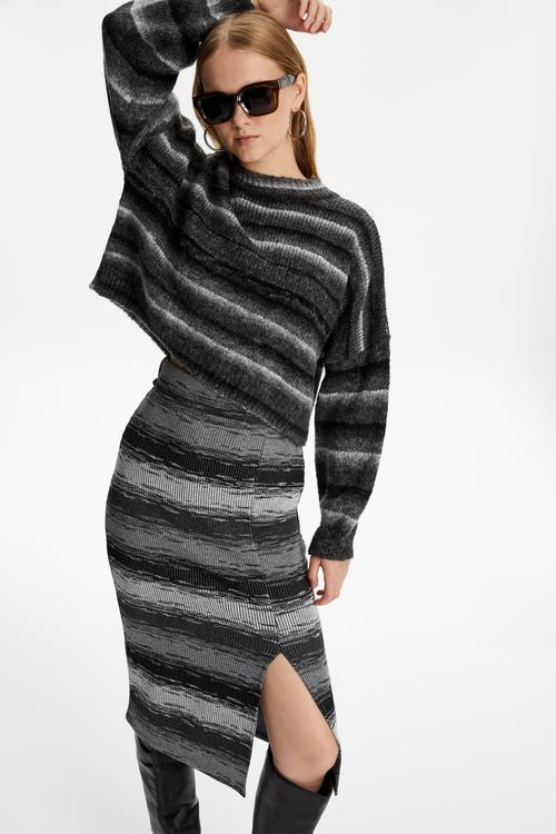  ÇİZGİLİ YIRTMAÇLI MİDİ ETEK