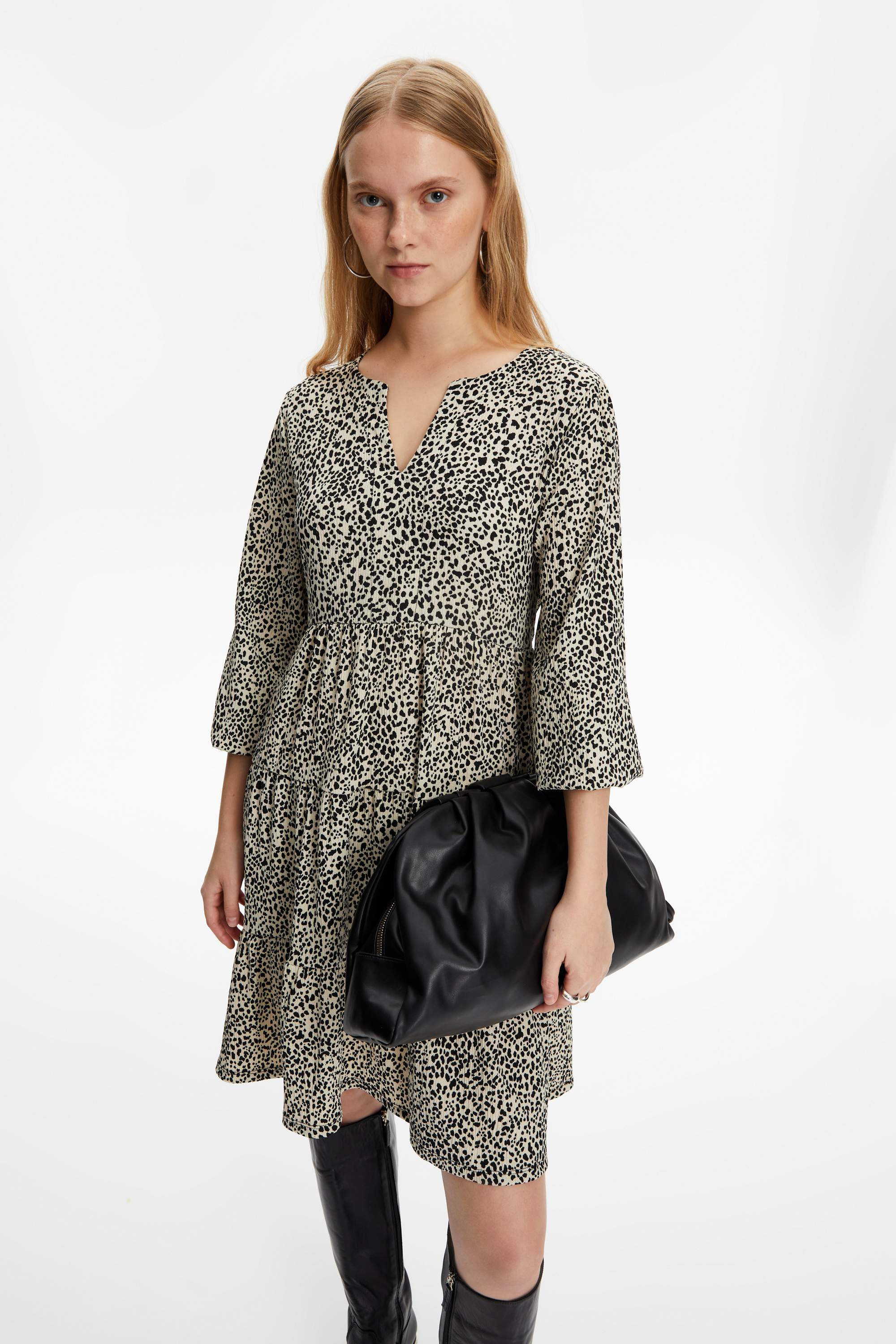 DESENLİ MİNİ KLOŞ ELBİSE