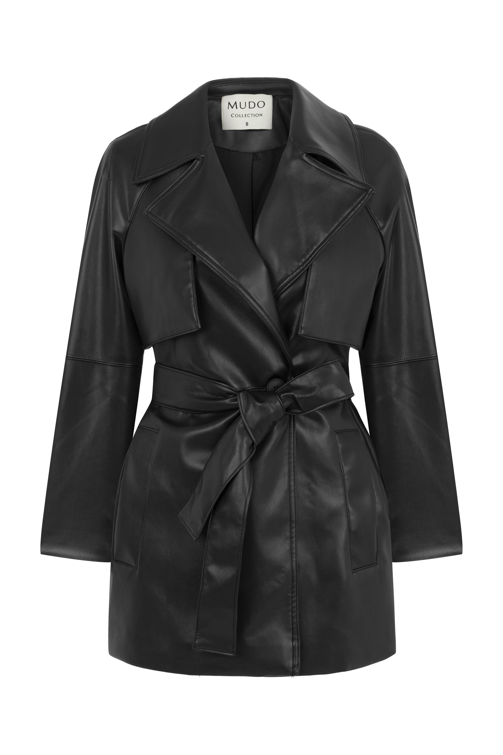 KUŞAKLI DERİ GÖRÜNÜMLÜ CEKET