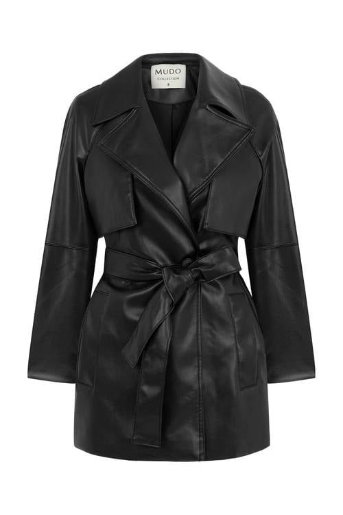  KUŞAKLI DERİ GÖRÜNÜMLÜ CEKET