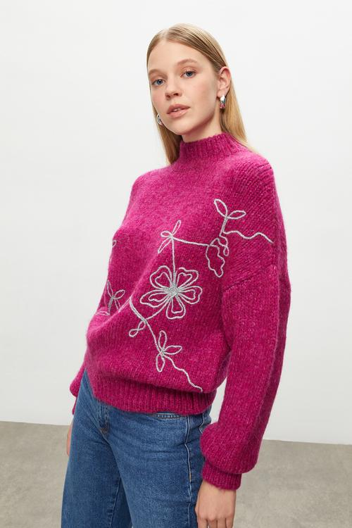  ÇİÇEKLİ DİK YAKA TRİKO KAZAK