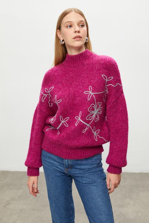  ÇİÇEKLİ DİK YAKA TRİKO KAZAK