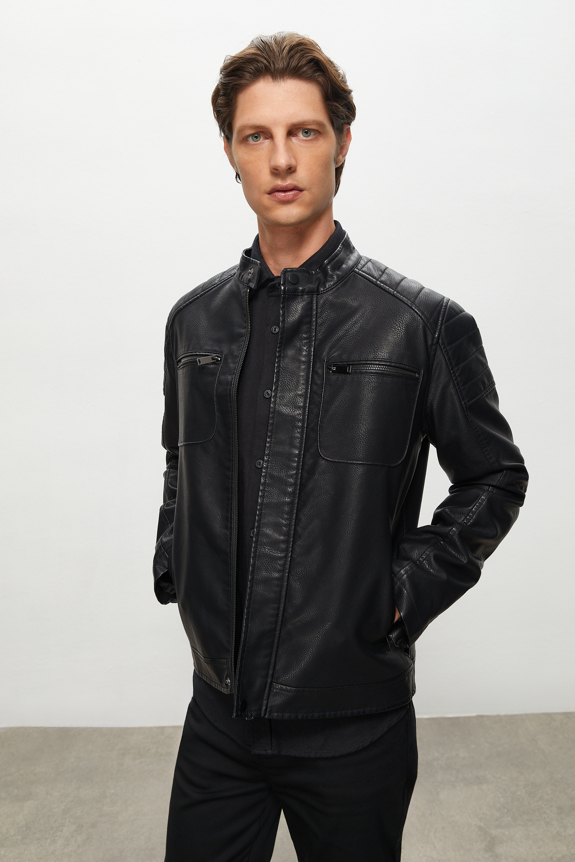 DERİ GÖRÜNÜMLÜ CASUAL CEKET