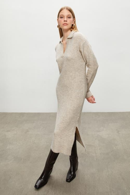  POLO YAKA MİDİ TRİKO ELBİSE