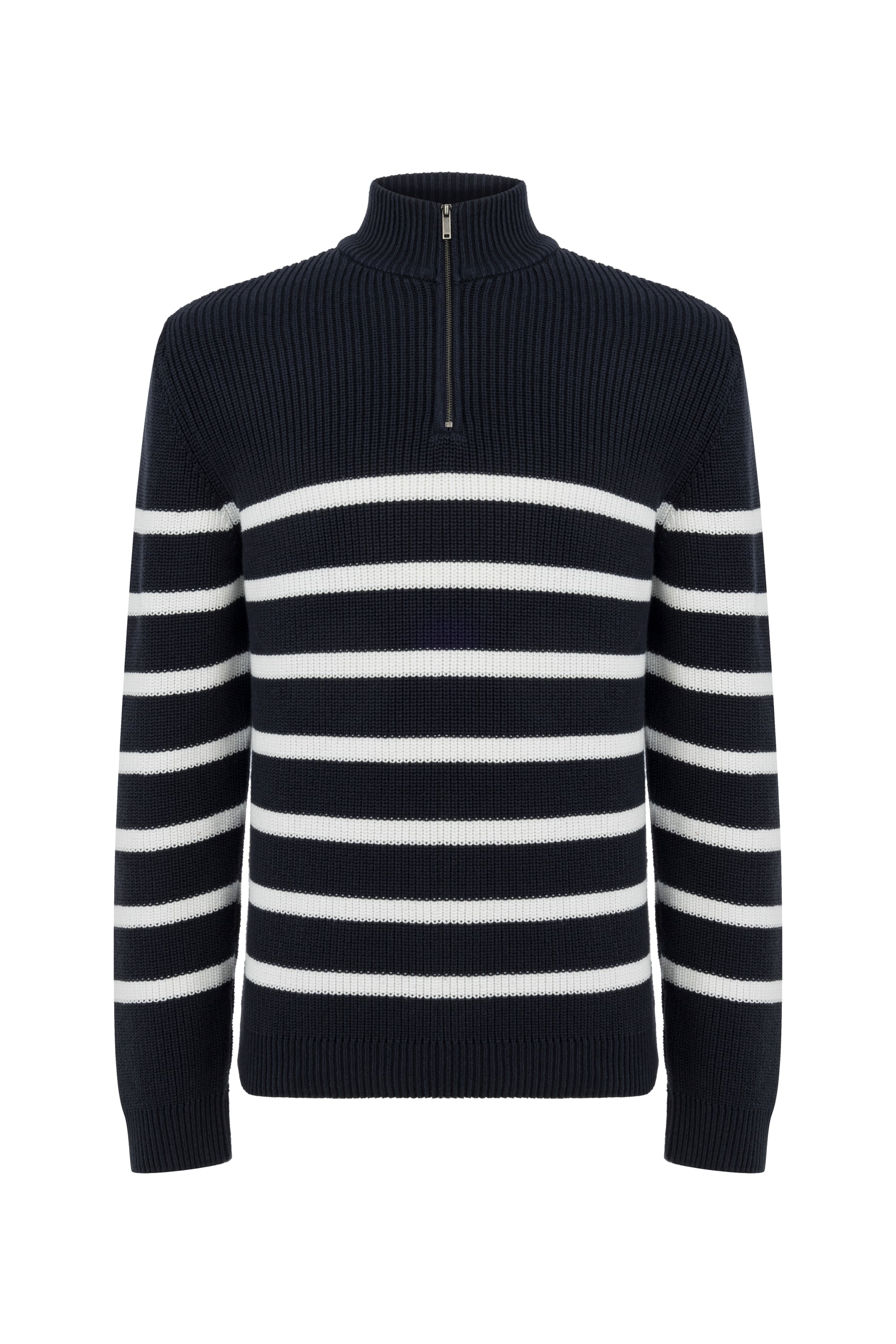 ÇİZGİLİ YARIM FERMUARLI DİK YAKA TRİKO KAZAK