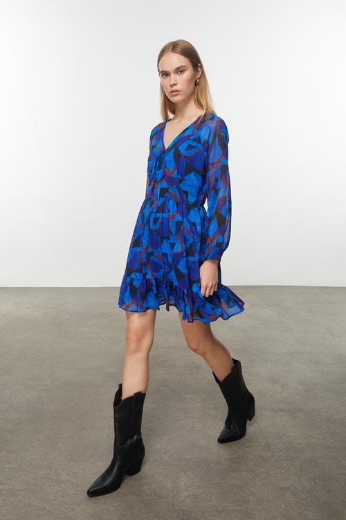  BASKILI A FORM MİNİ KLOŞ ELBİSE