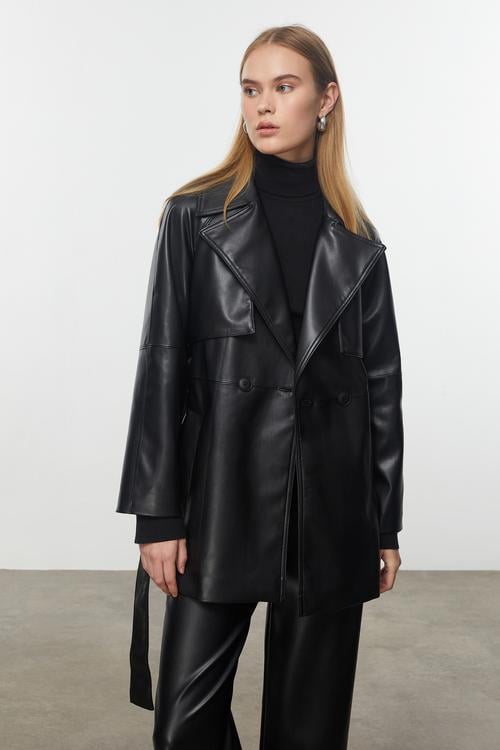  KUŞAKLI DERİ GÖRÜNÜMLÜ CEKET