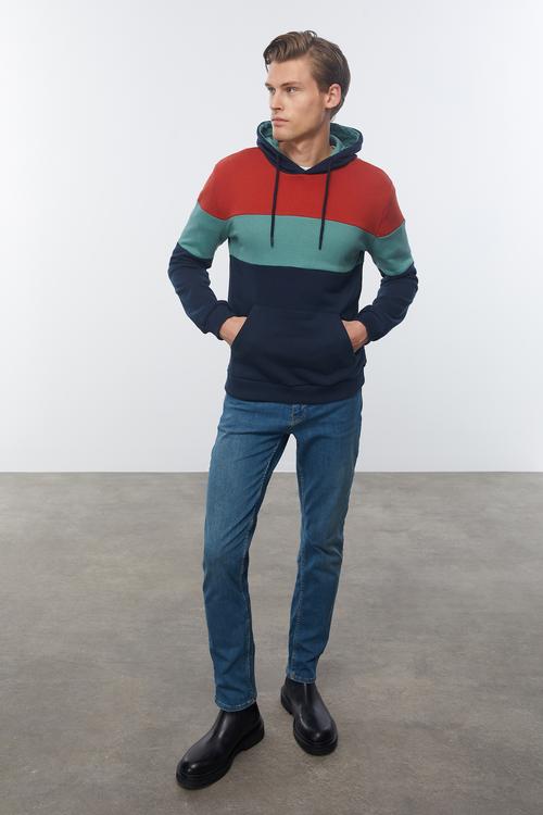  RENK BLOKLU KAPÜŞONLU SWEATSHIRT