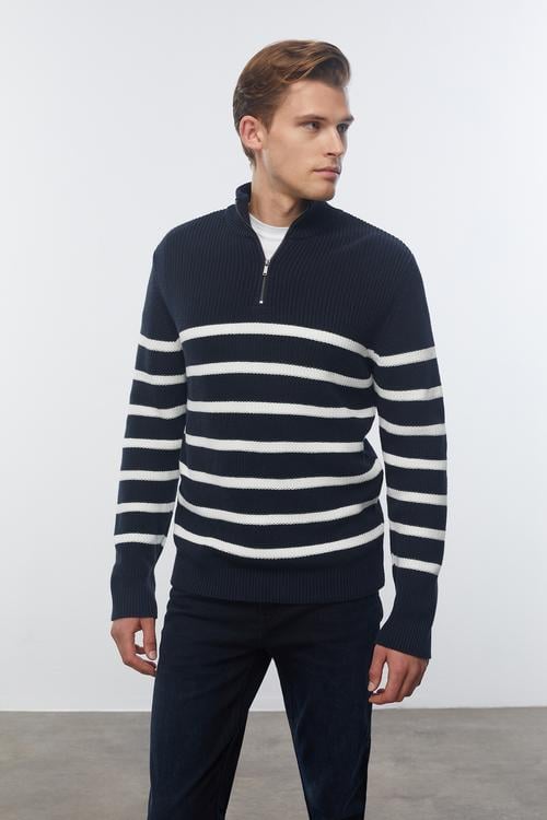  ÇİZGİLİ YARIM FERMUARLI DİK YAKA TRİKO KAZAK