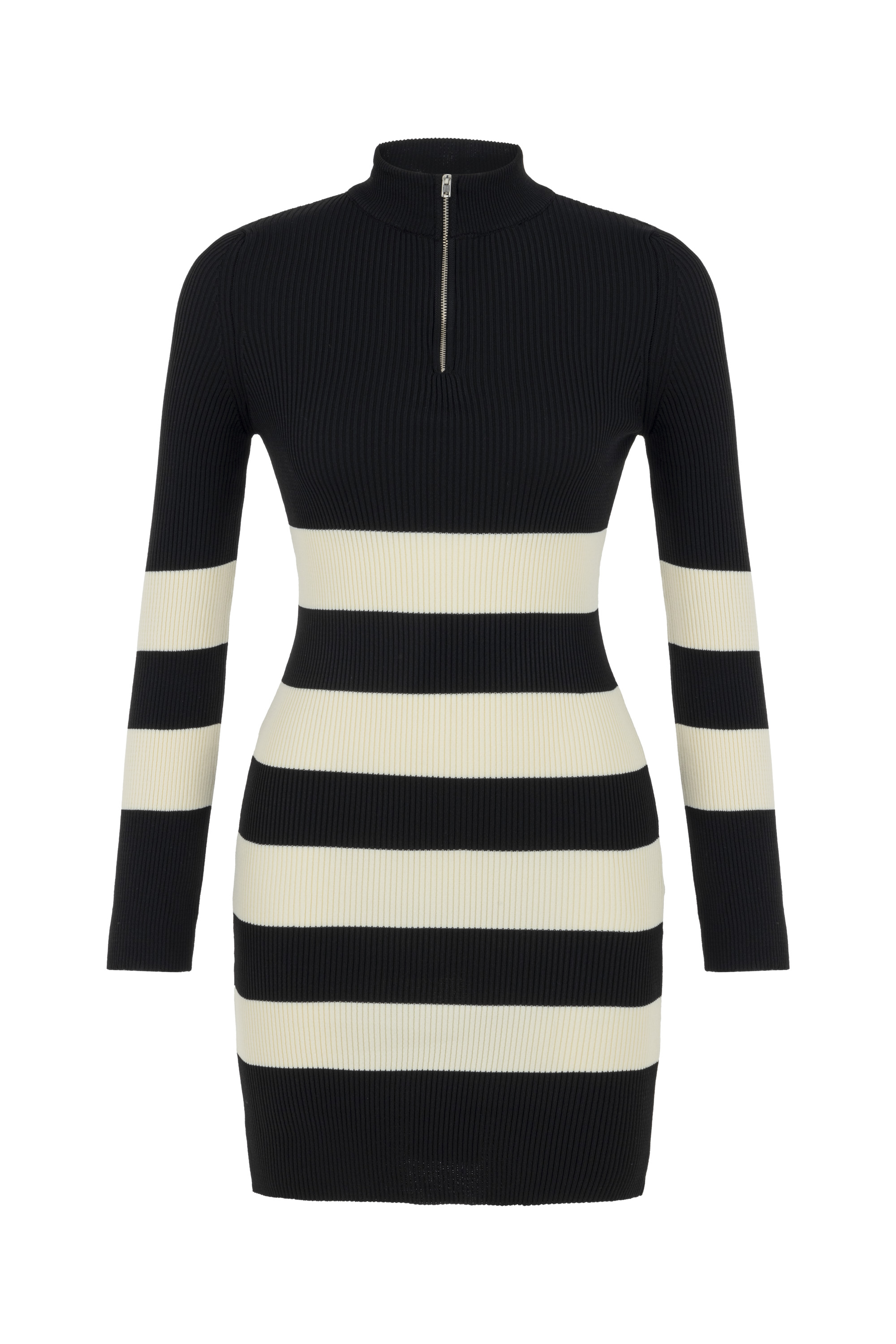 ÇİZGİLİ DİK YAKA MİNİ TRİKO ELBİSE