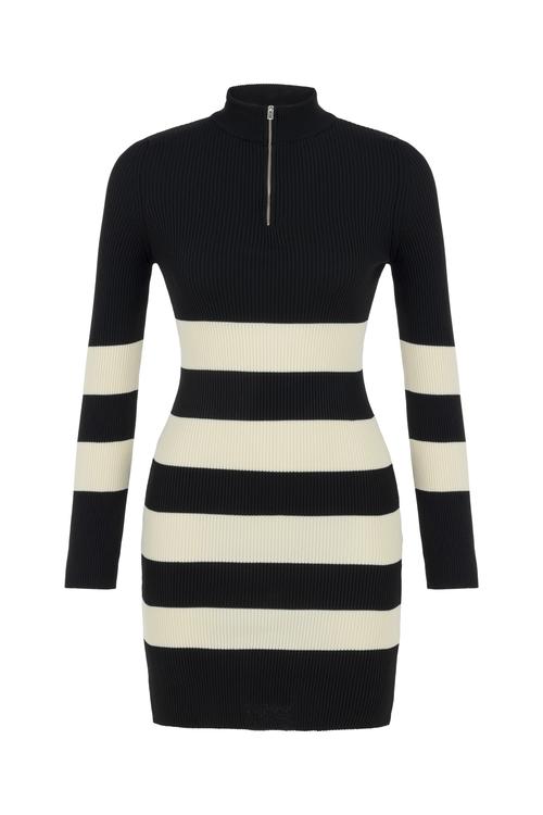  ÇİZGİLİ DİK YAKA MİNİ TRİKO ELBİSE