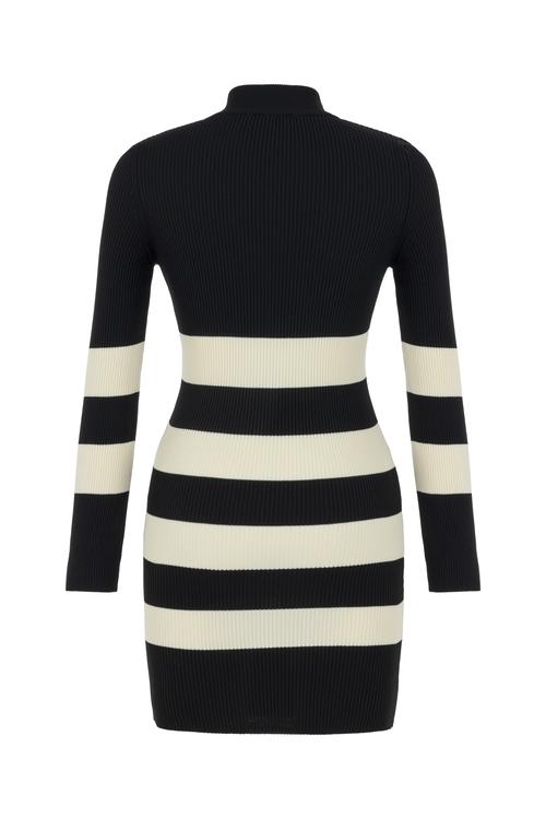  ÇİZGİLİ DİK YAKA MİNİ TRİKO ELBİSE