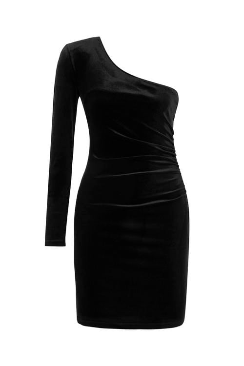  TEK OMUZLU MİNİ KADİFE DOKULU ELBİSE