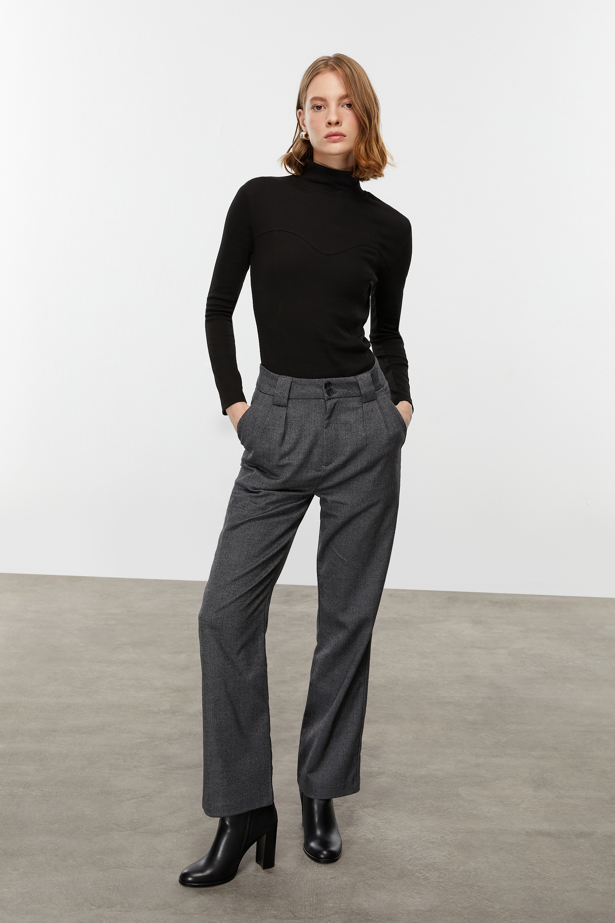 BALIKSIRTI DESENLİ WIDE LEG KLASİK PANTOLON