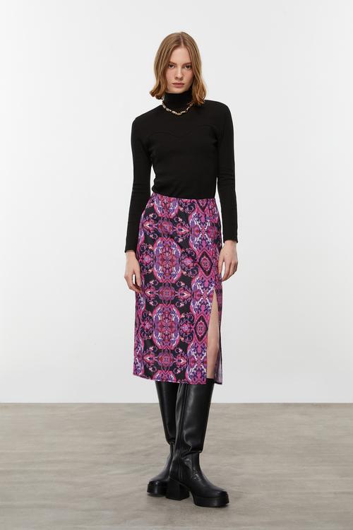  ETNİK DESENLİ YIRTMAÇLI MİDİ ETEK