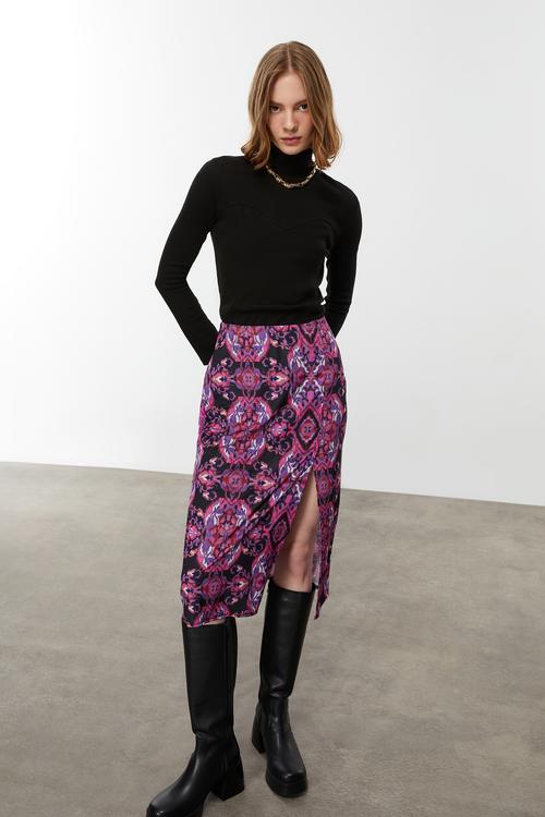  ETNİK DESENLİ YIRTMAÇLI MİDİ ETEK