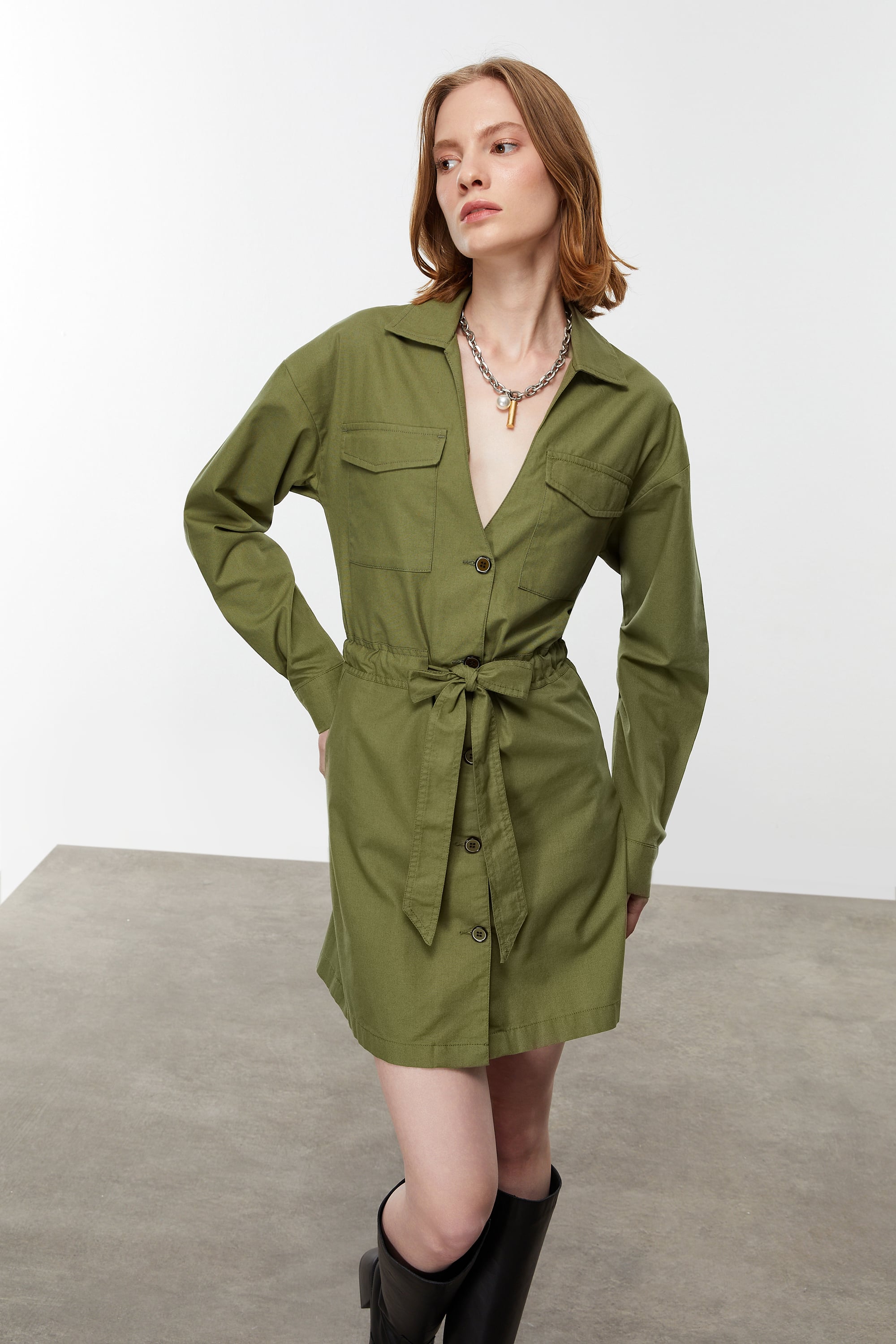 BAĞLAMA DETAYLI MİNİ GÖMLEK ELBİSE