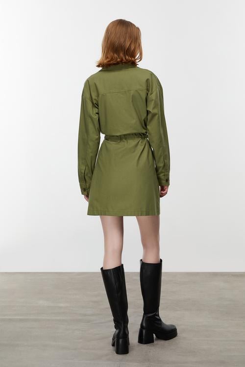 BAĞLAMA DETAYLI MİNİ GÖMLEK ELBİSE