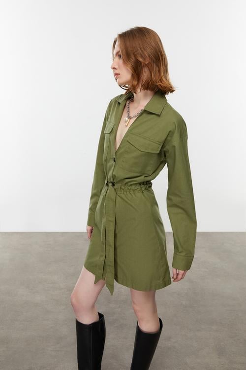 BAĞLAMA DETAYLI MİNİ GÖMLEK ELBİSE