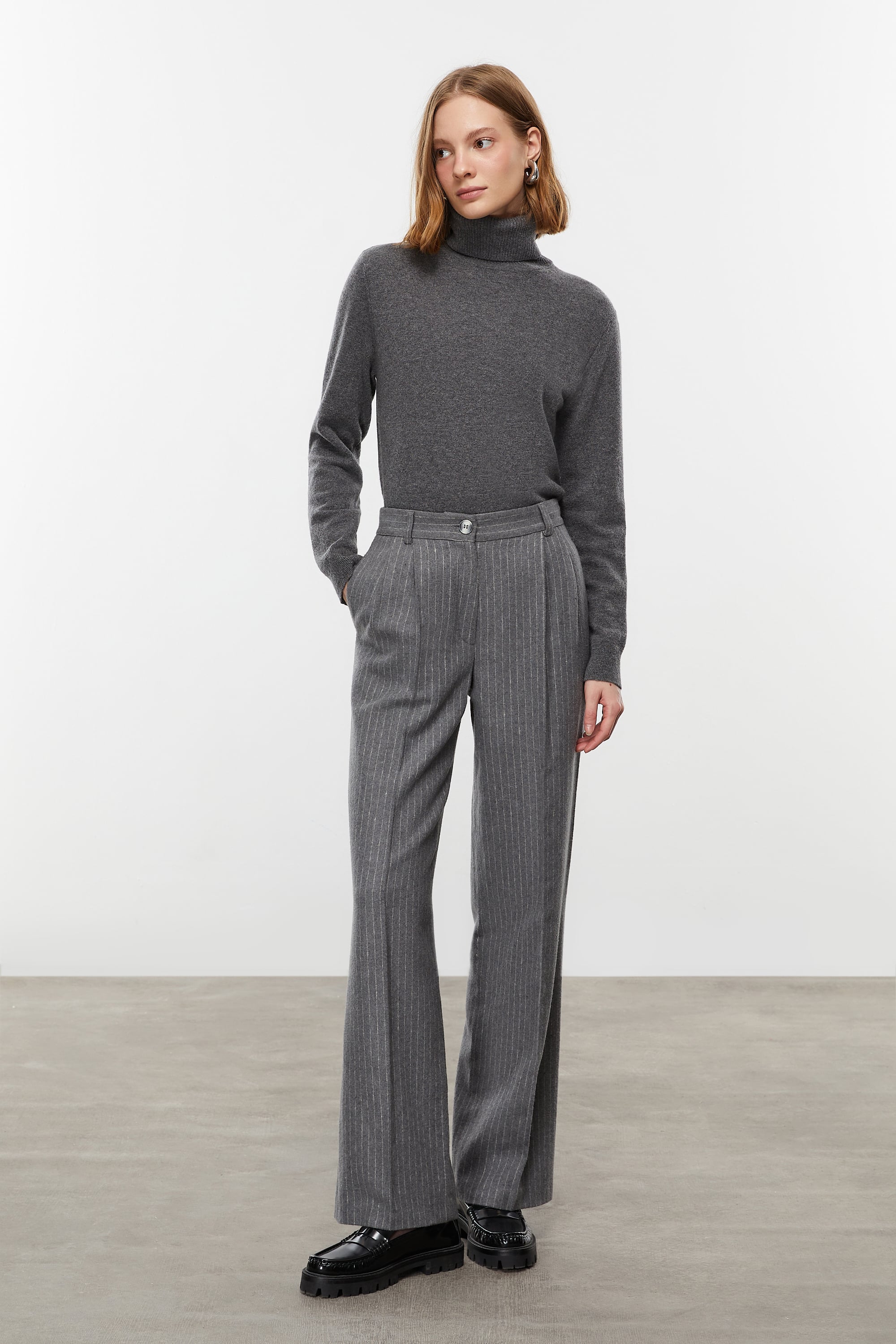 ÇİZGİLİ WIDE LEG KLASİK PANTOLON