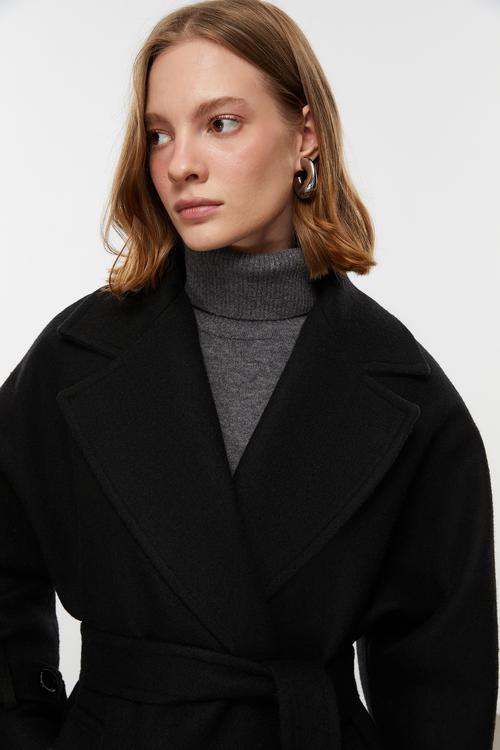  YÜN KARIŞIMLI KUŞAKLI KAŞE PALTO