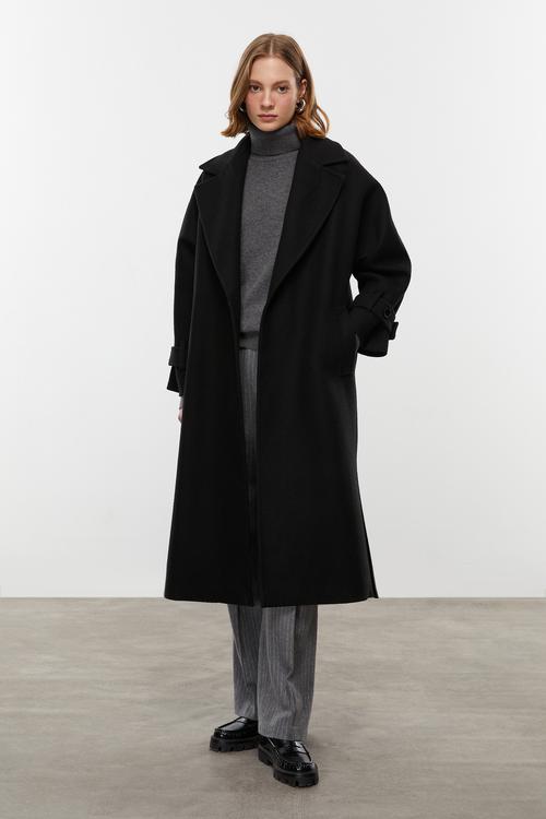  YÜN KARIŞIMLI KUŞAKLI KAŞE PALTO