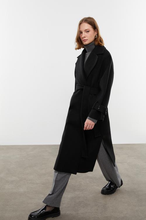  YÜN KARIŞIMLI KUŞAKLI KAŞE PALTO