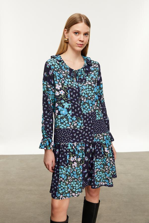 ÇİÇEK DESENLİ A FORM MİNİ KLOŞ ELBİSE