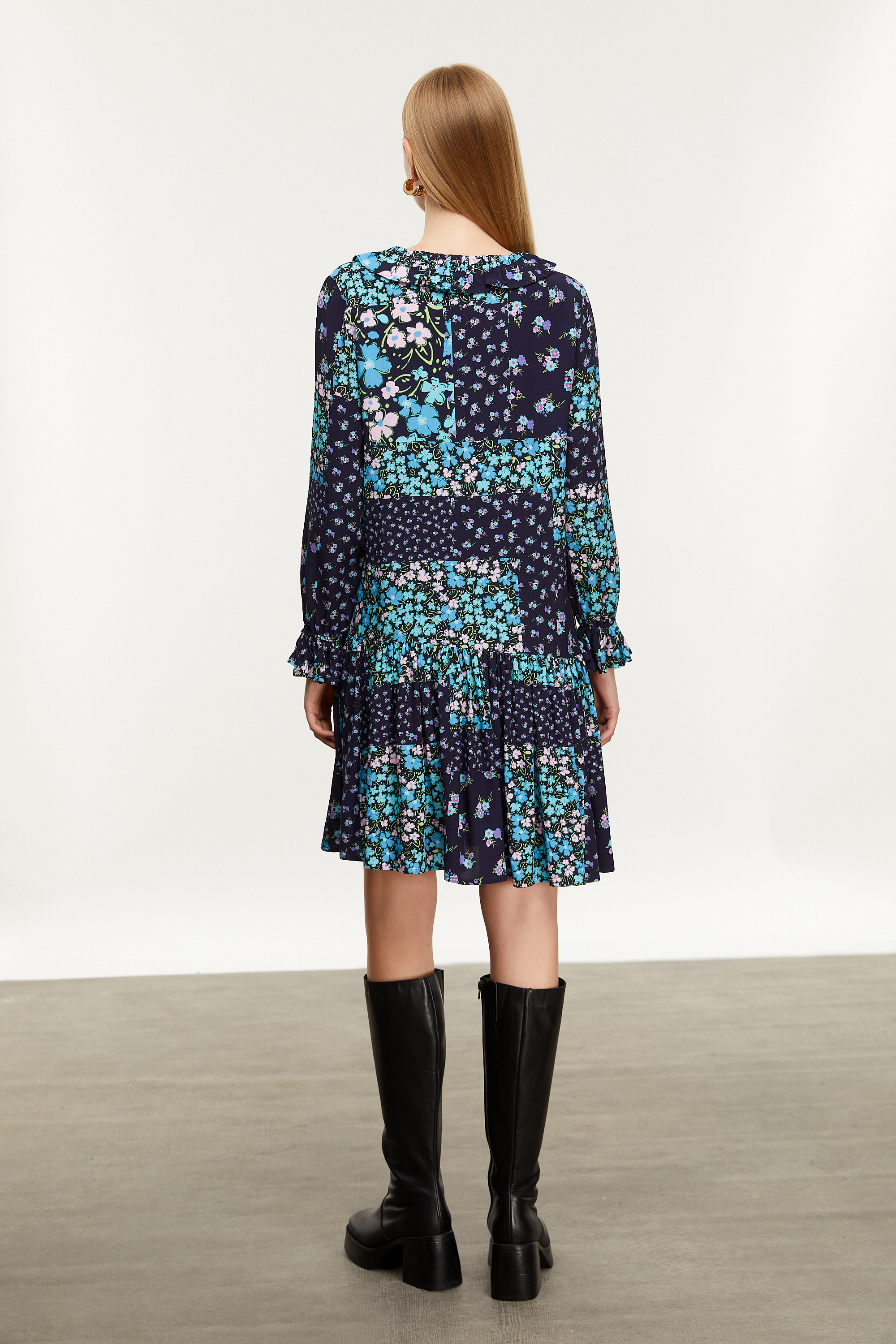 ÇİÇEK DESENLİ A FORM MİNİ KLOŞ ELBİSE