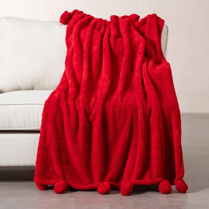 PONPONLU DİZ ÜSTÜ BATTANİYE KIRMIZI 130X160