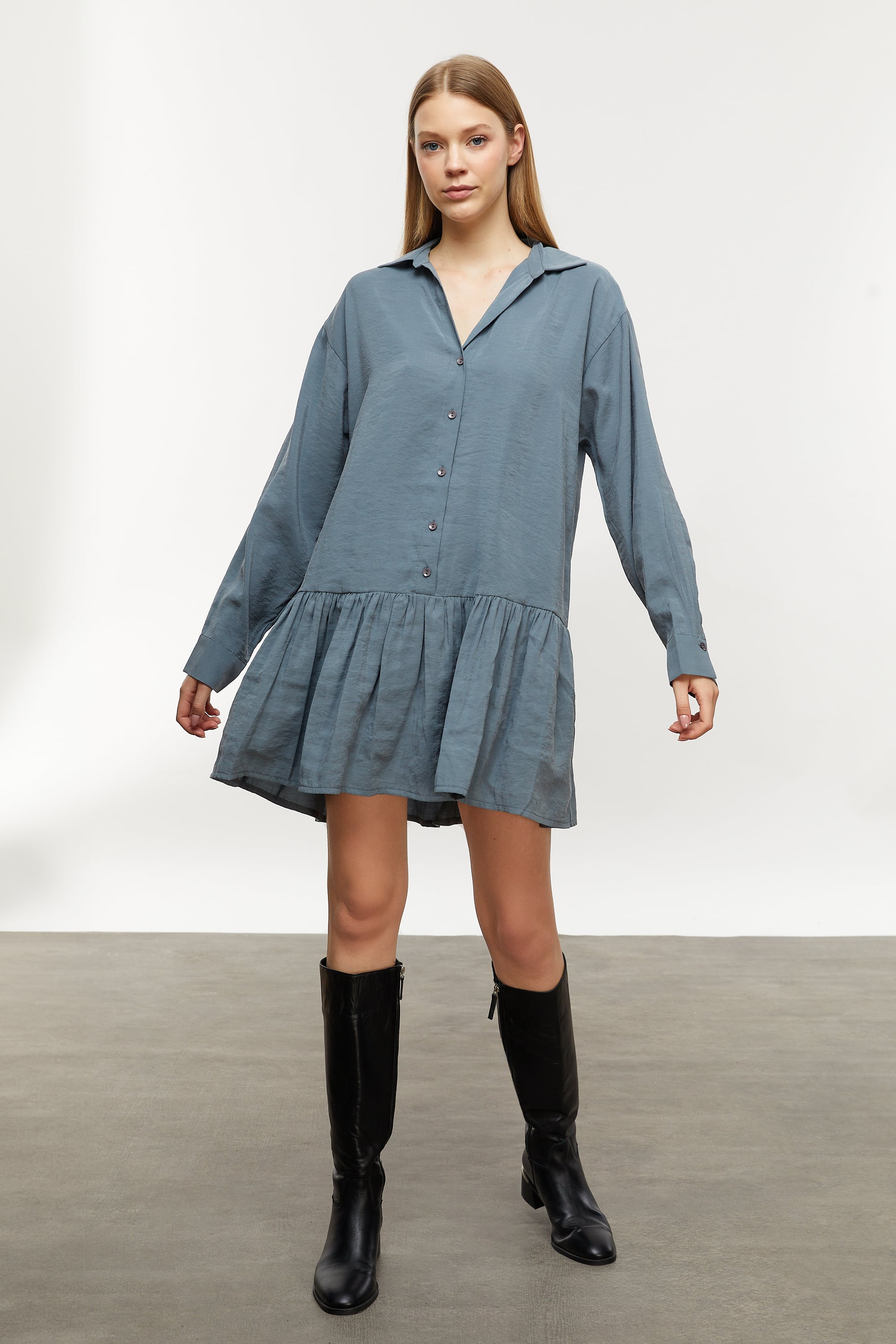 MODAL KARIŞIMLI MİNİ GÖMLEK ELBİSE