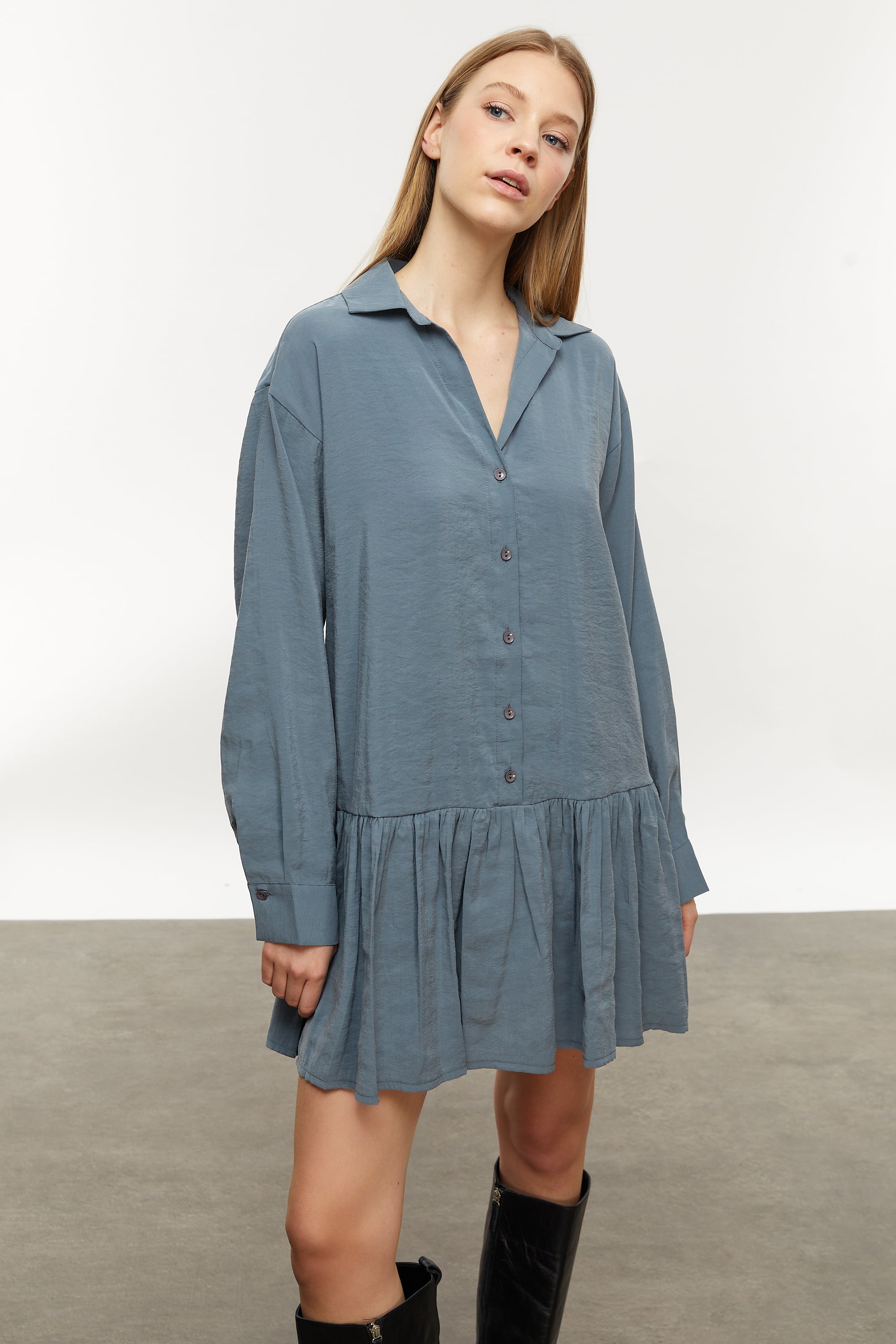 MODAL KARIŞIMLI MİNİ GÖMLEK ELBİSE