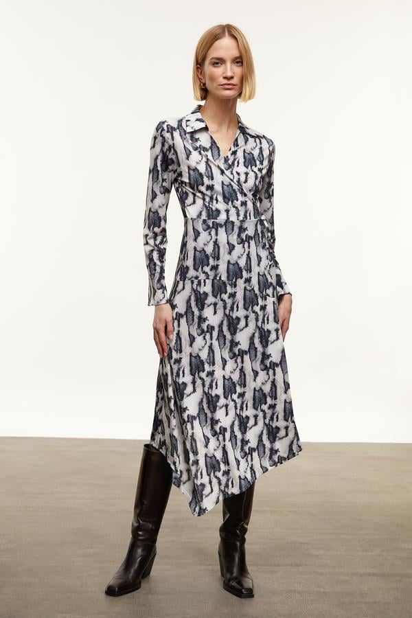 DESENLİ MİDİ ASİMETRİK ELBİSE