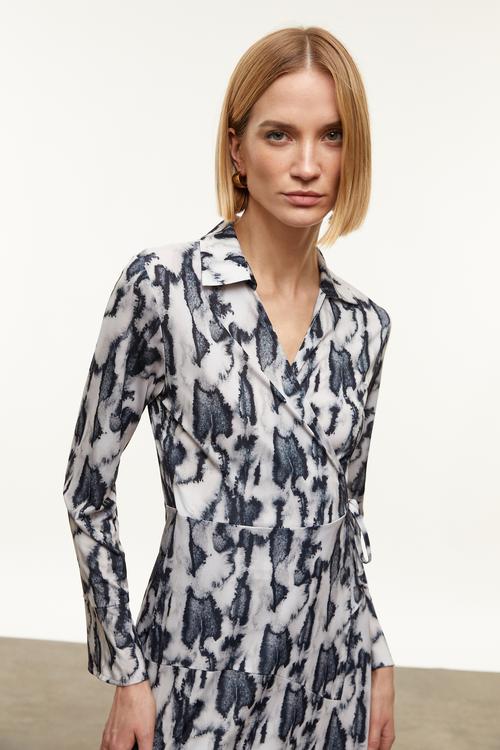 DESENLİ MİDİ ASİMETRİK ELBİSE