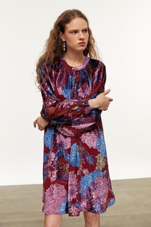 ÇİÇEK DESENLİ MİNİ KLOŞ ELBİSE