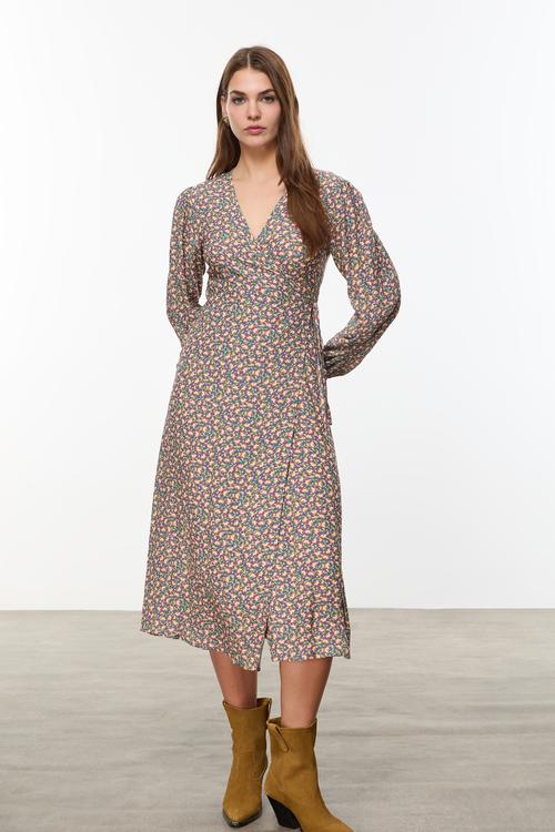  ÇİÇEK DESENLİ KRUVAZE MİDİ ELBİSE