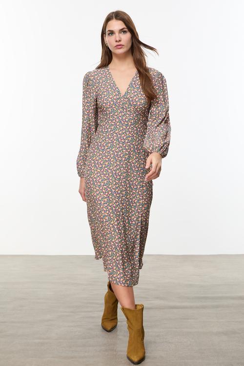  ÇİÇEK DESENLİ KRUVAZE MİDİ ELBİSE