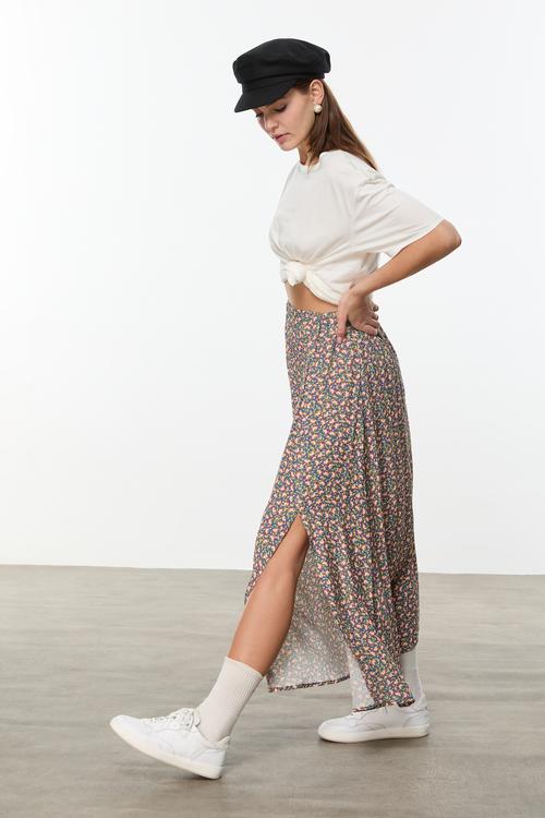  ÇİÇEK DESENLİ YIRTMAÇLI UZUN ETEK